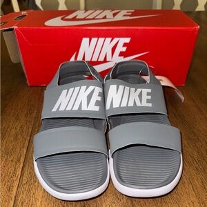 Nike Gray and White Double-Strap Slide Sandals